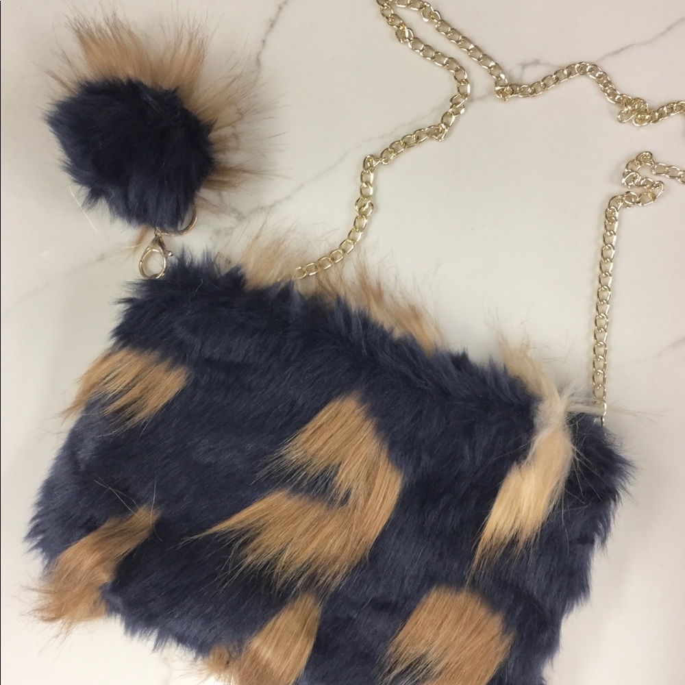 New Faux Fur Bag with detachable chain and poof